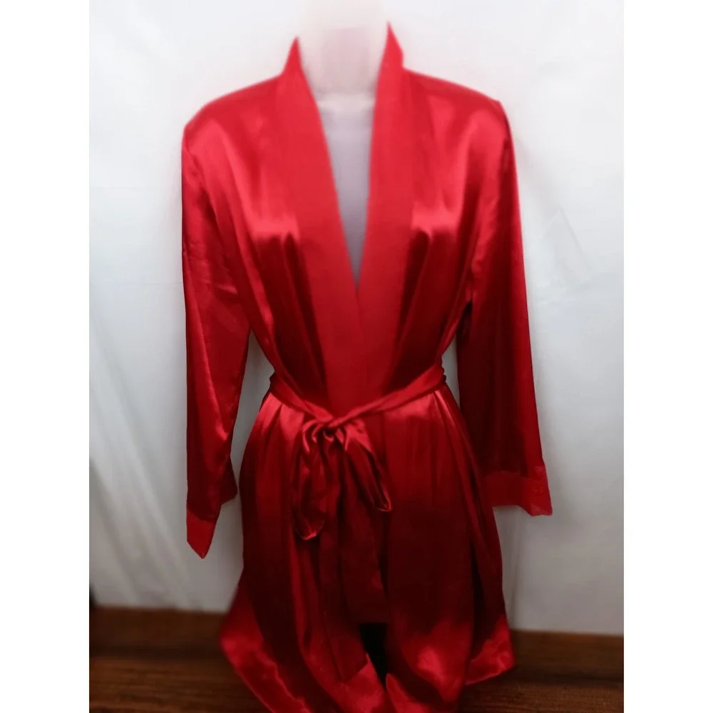 vintage S Red satin belted luxury lace‎ robe valentines date night loungewear